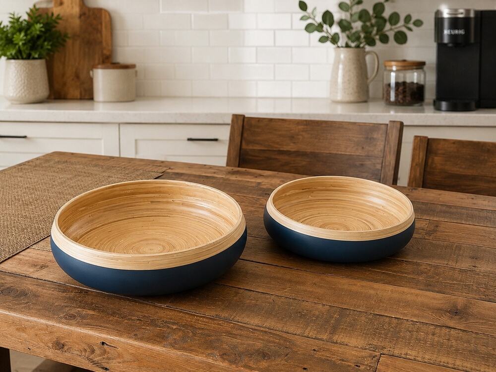 Set of Spun Bamboo Salad Bowl Modern Party & BBQ Bowl, Natural Handicrafted Blue